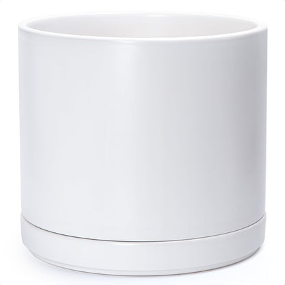 D'vine Dev 14 Inch Ceramic Planter Pot with Drainage Hole and Saucer, Indoor Cylinder Round Planter