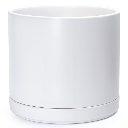 D'vine Dev 14 Inch Ceramic Planter Pot with Drainage Hole and Saucer, Indoor Cylinder Round Planter