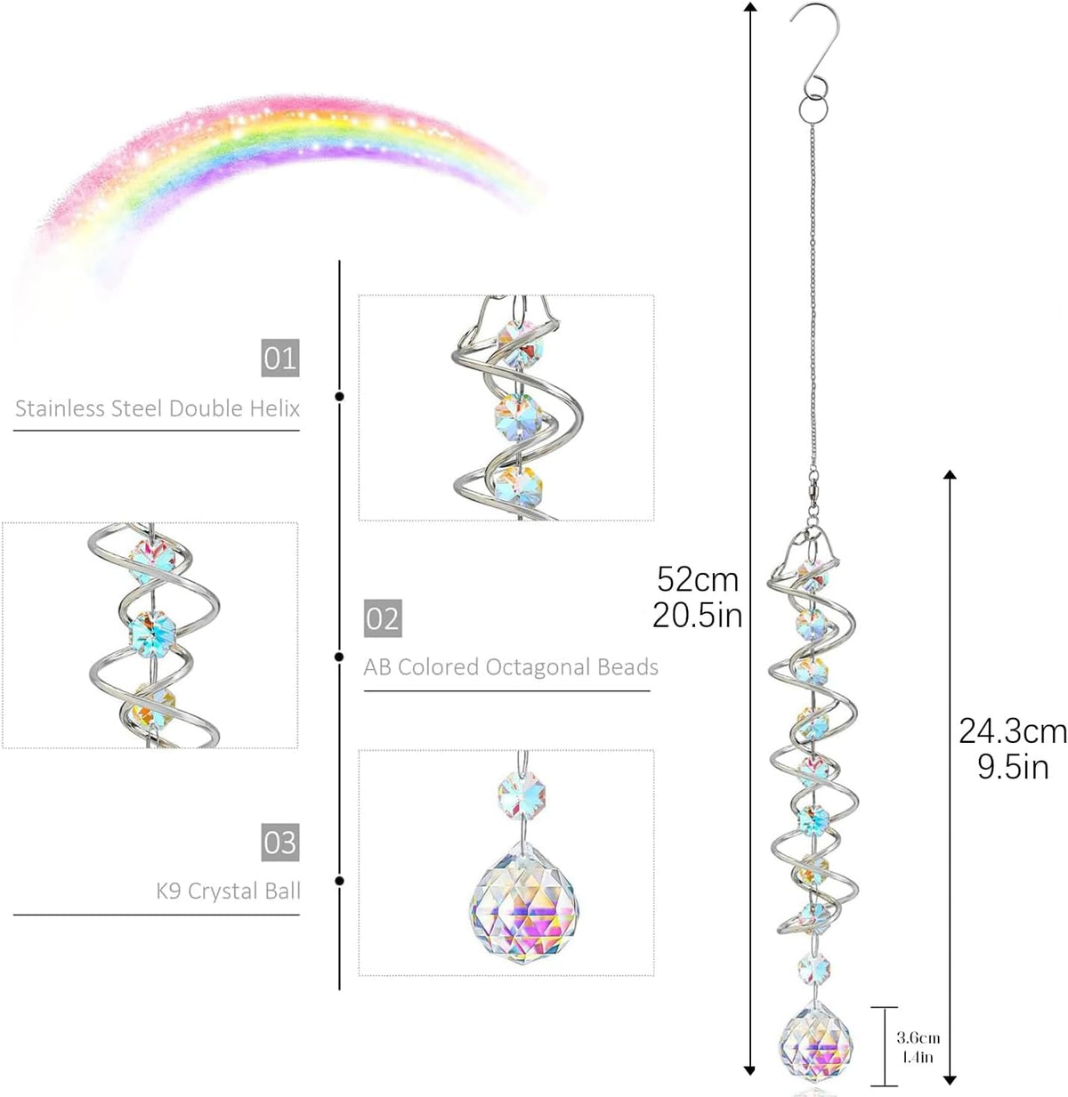 H&D HYALINE & DORA 20.5in Crystal Sun Catcher,Colorful Hanging Suncatcher with Octagonal Beads and