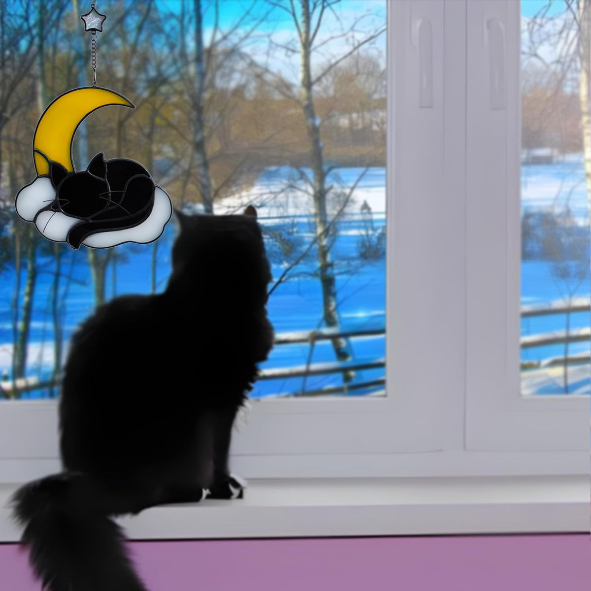 Sleeping Cat Stained Glass Windown Hanging,The Black cat Sleeping Under The Companionship of Stars