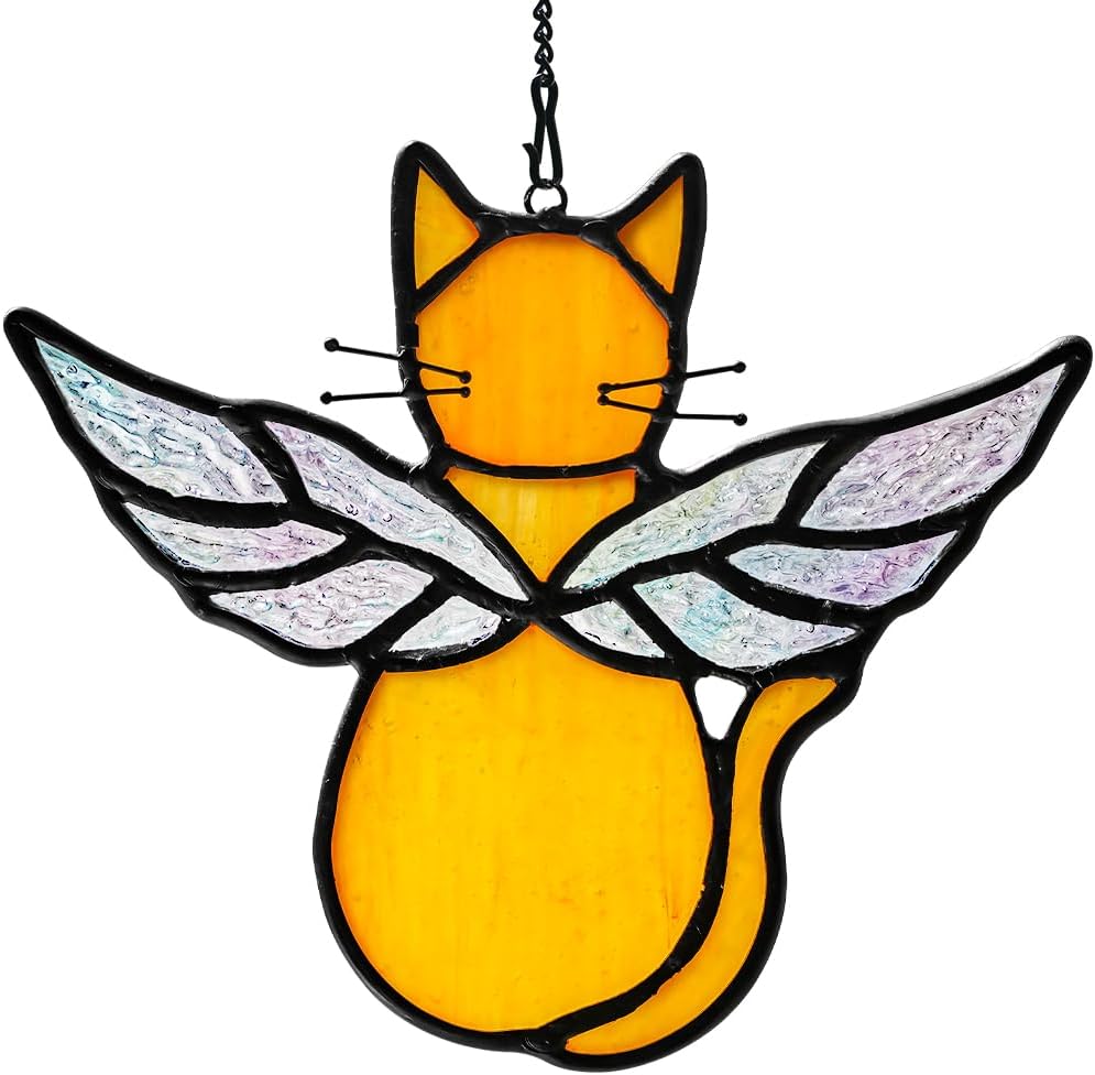 Orange Cat Memorial Gift Stained Glass Suncatcher,Angel Cat Decor Stained Glass Window