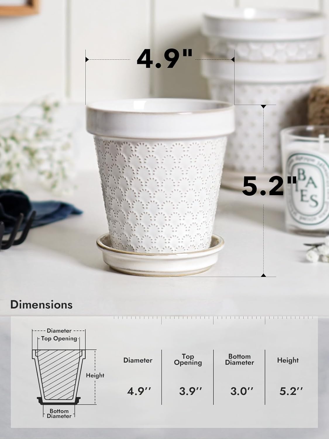 LE TAUCI Ceramic Plant Pots, 4.9 Inch Flower Pots with Drainage Hole & Saucer, Embossed Planter