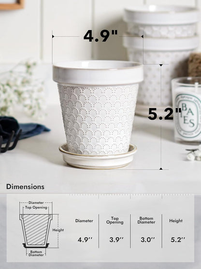 LE TAUCI Ceramic Plant Pots, 4.9 Inch Flower Pots with Drainage Hole & Saucer, Embossed Planter