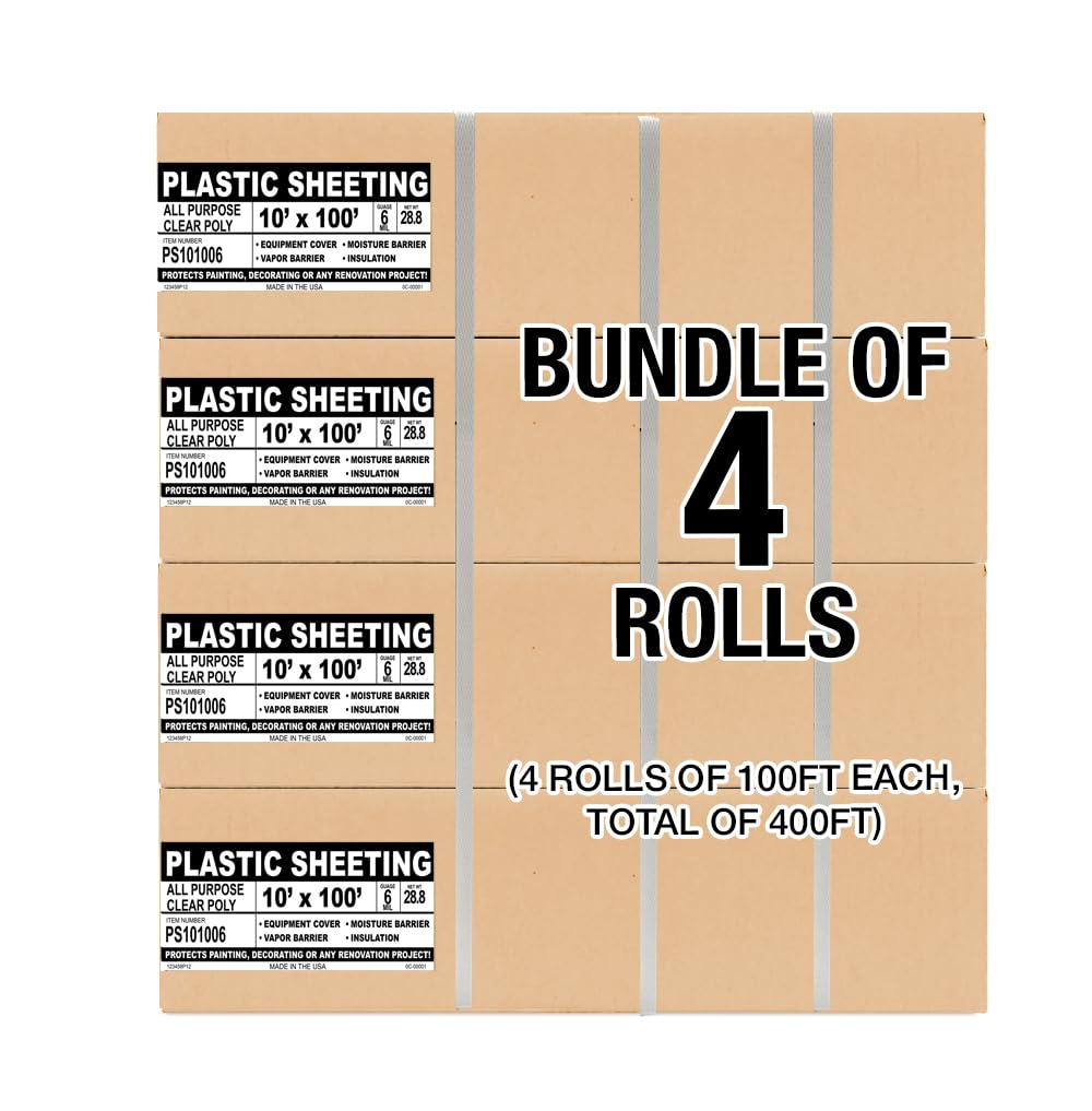 Aluf Plastic Sheeting - 4 Rolls of 10' x 100', 6 MIL Heavy Duty Gauge - Clear Vapor and Moisture