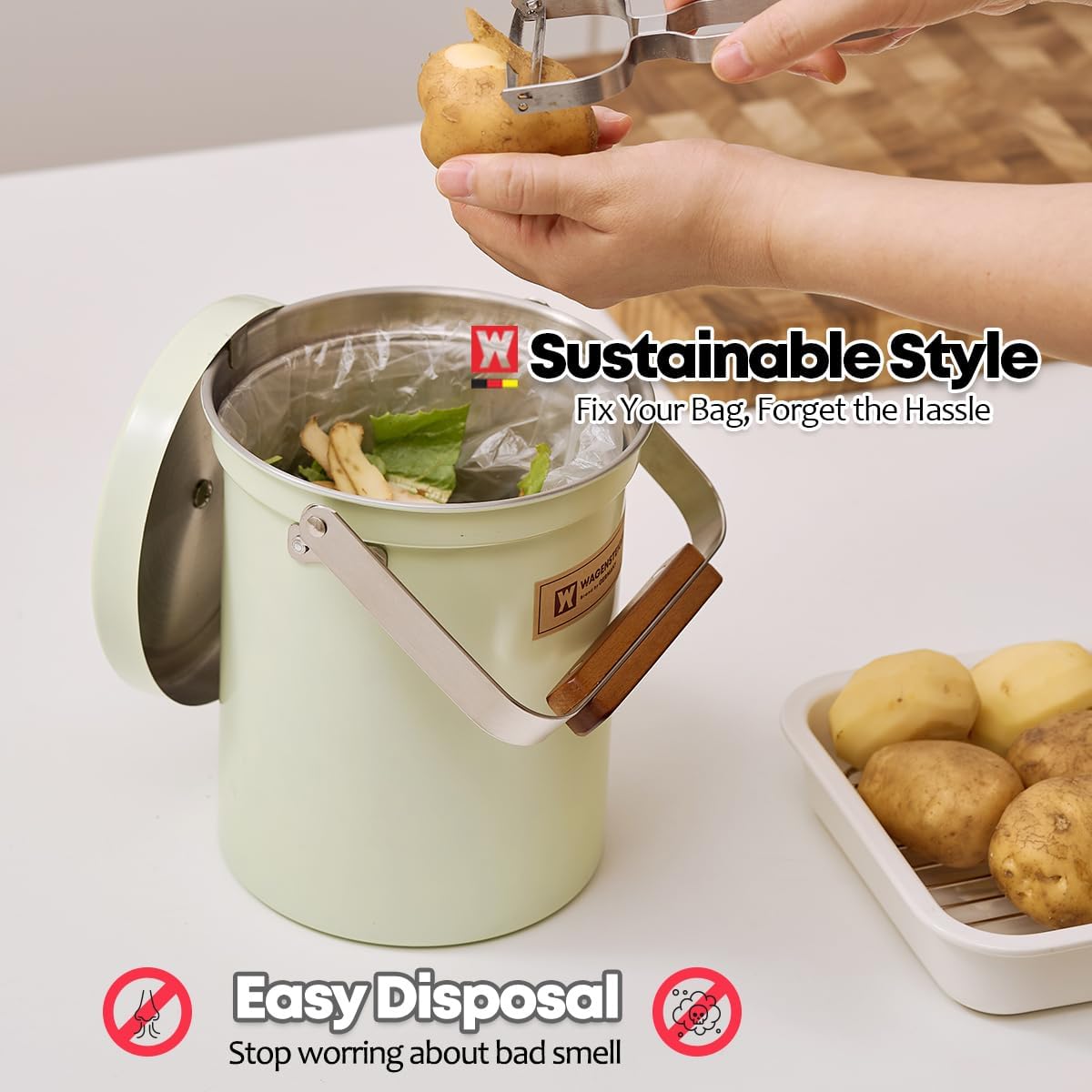Kitchen Countertop Compost Bin 101Ounces / 3Liter with Airtight Lid, SUS304 Stainless Steel