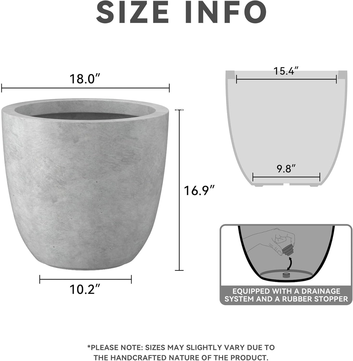 Kante 18 Inch Dia Round Concrete Planter, Indoor Outdoor Large Plant Pot with Drainage Hole and