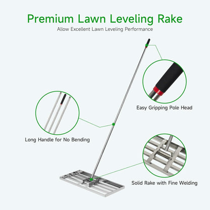 GreatBuddy Lawn Leveling Rake 30'' x 10", Heavy-Duty Stainless Steel Lawn Leveling Tool for Lawn