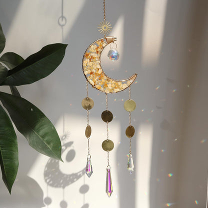 Moon Suncatcher Hanging Decor, Boho Chic Citrine Crystal Sun Catcher, Spritual Sun Light Catcher