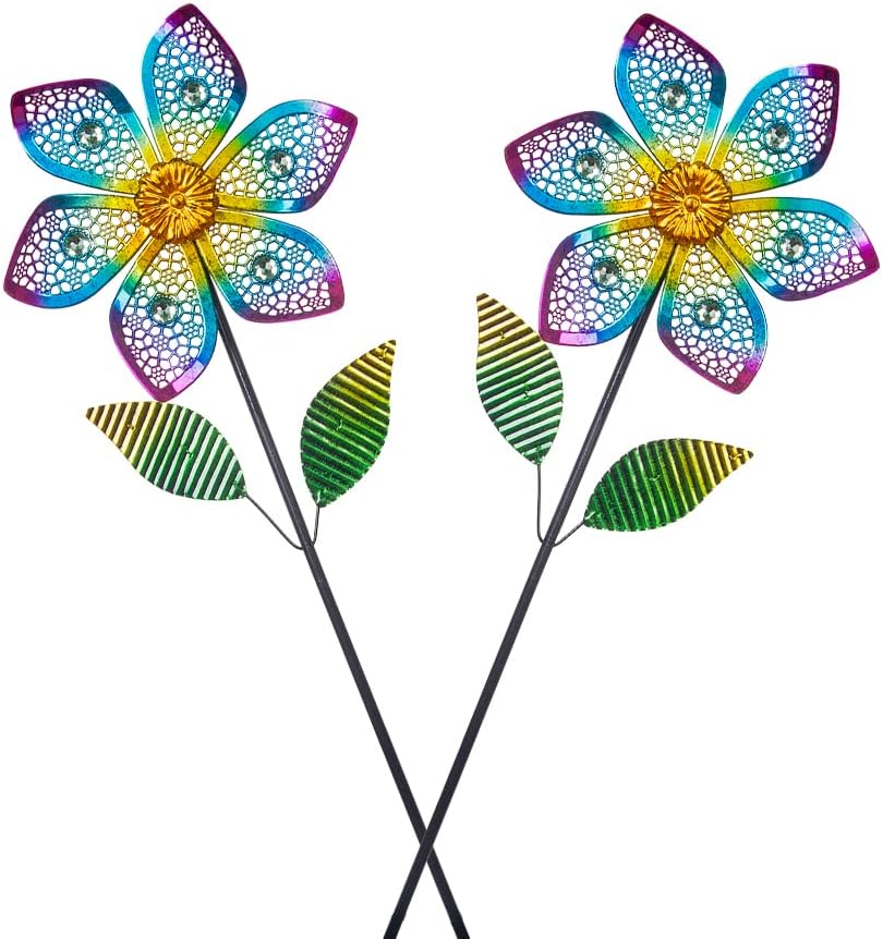 Wind Spinner with Metal Stake, Outdoor Garden Pinwheels Spinners Hollow-Out Flower Shape Design for