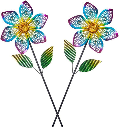 Wind Spinner with Metal Stake, Outdoor Garden Pinwheels Spinners Hollow-Out Flower Shape Design for