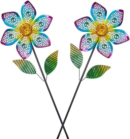 Wind Spinner with Metal Stake, Outdoor Garden Pinwheels Spinners Hollow-Out Flower Shape Design for