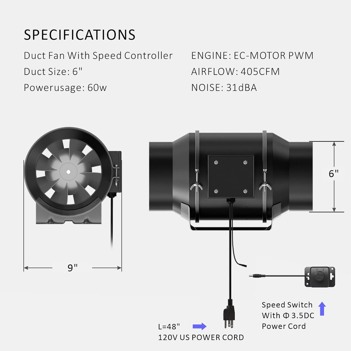 Toolazy Quiet 6" Inline Duct Fan 405 CFM Ventilation Exhaust Fan EC Motor and External 0-100%