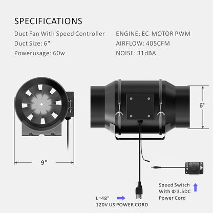 Toolazy Quiet 6" Inline Duct Fan 405 CFM Ventilation Exhaust Fan EC Motor and External 0-100%
