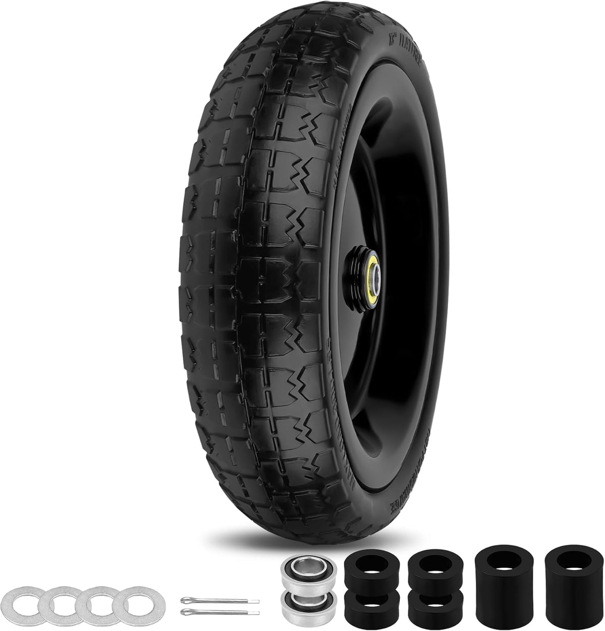 13 Inch Flat Free Wheels Tires 4.00-6 Solid Replacement with Universal 5/8" Axle Bore Hole, 4