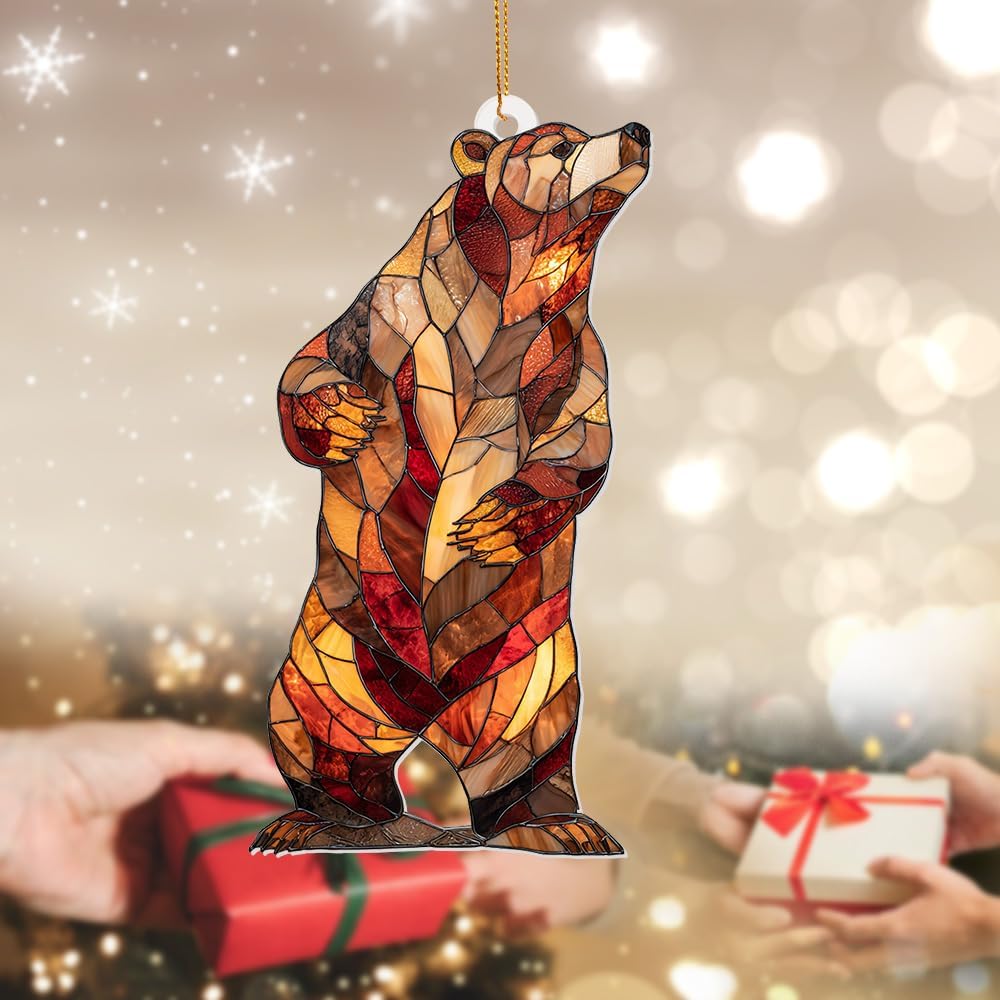Stained Glass Acrylic Bear Ornament 2025 – Handcrafted Wildlife Christmas Tree Decoration, Rustic