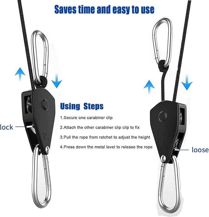 Grow Light Rope Hanger ，1/8" 8-Feet Long Heavy Duty Adjustable Rope Clip Hanger, Adjustable Rope
