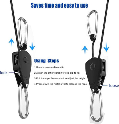 Grow Light Rope Hanger ，1/8" 8-Feet Long Heavy Duty Adjustable Rope Clip Hanger, Adjustable Rope