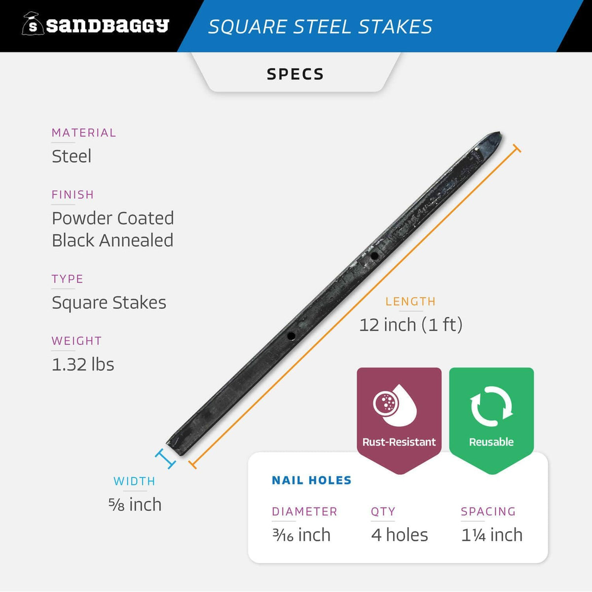 Sandbaggy Square Steel Concrete Form Stakes with Nail Holes - 5/8" Wide - Rust Resistant Coating