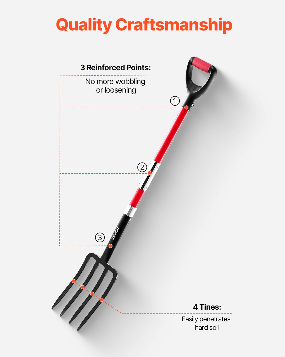 VEVOR Garden Fork, 4-Tine Gardening Pitchfork with Fiberglass Handle, 45 in Heavy Duty Digging Fork