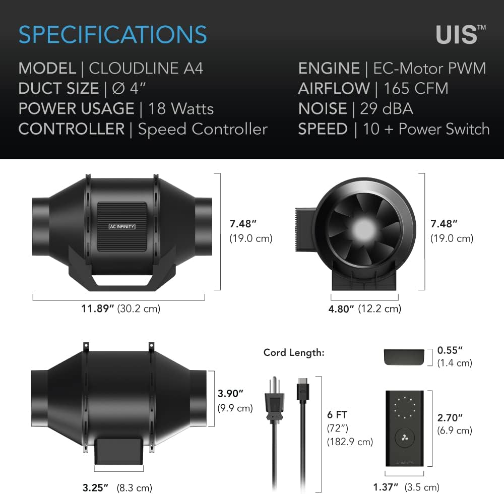 AC Infinity CLOUDLINE A4, Quiet 4” Inline Duct Fan with Speed Controller, EC Motor - Ventilation