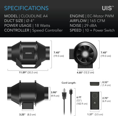AC Infinity CLOUDLINE A4, Quiet 4” Inline Duct Fan with Speed Controller, EC Motor - Ventilation