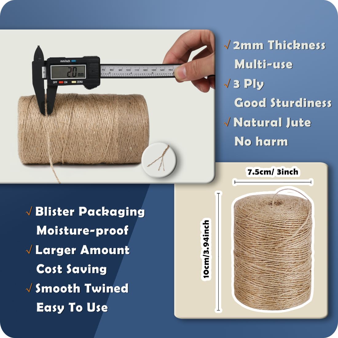 PerkDecor 2Pack 2mm Natural Jute Twine String 1600 Feet Long Twine String for Crafting Gardening