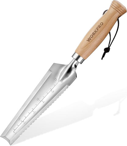 WORKPRO Garden Trowel with Wood Handle, Stainless Steel Narrow Hand Shovel, Multi- Use Flat Garden