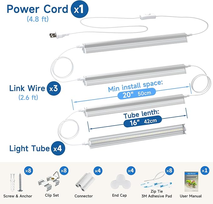 Plant Lights for Indoor Growing Seedlings - 16 in Long, 4-Count (10W x4) Full Spectrum T5 Grow