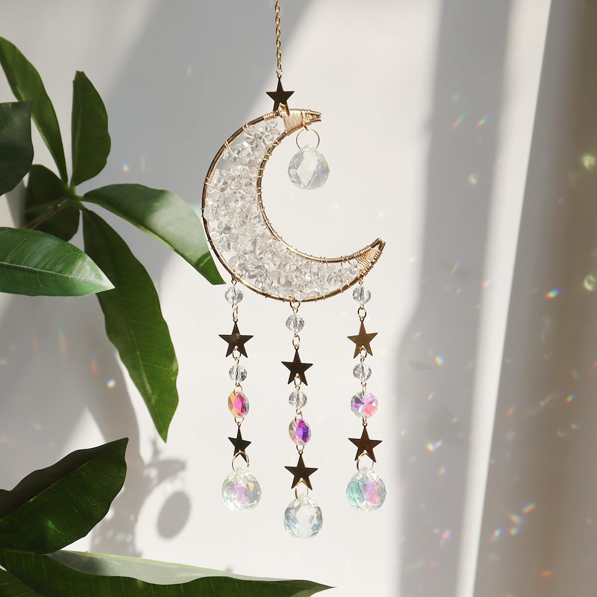 Moon Suncatcher Hanging Decor, Boho Chic Clear Quartz Crystal Sun Catcher, Spritual Sun Light
