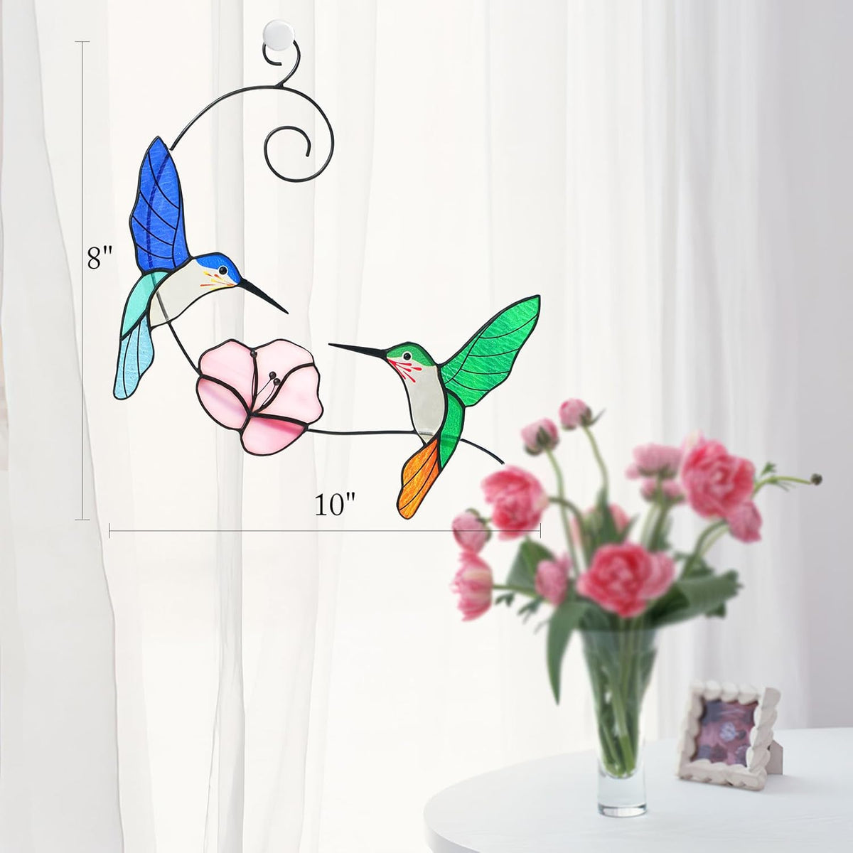 Hummingbird Stained Glass Window Hanging, Handmade Humming Bird with Flower Suncatcher, Sun Catcher