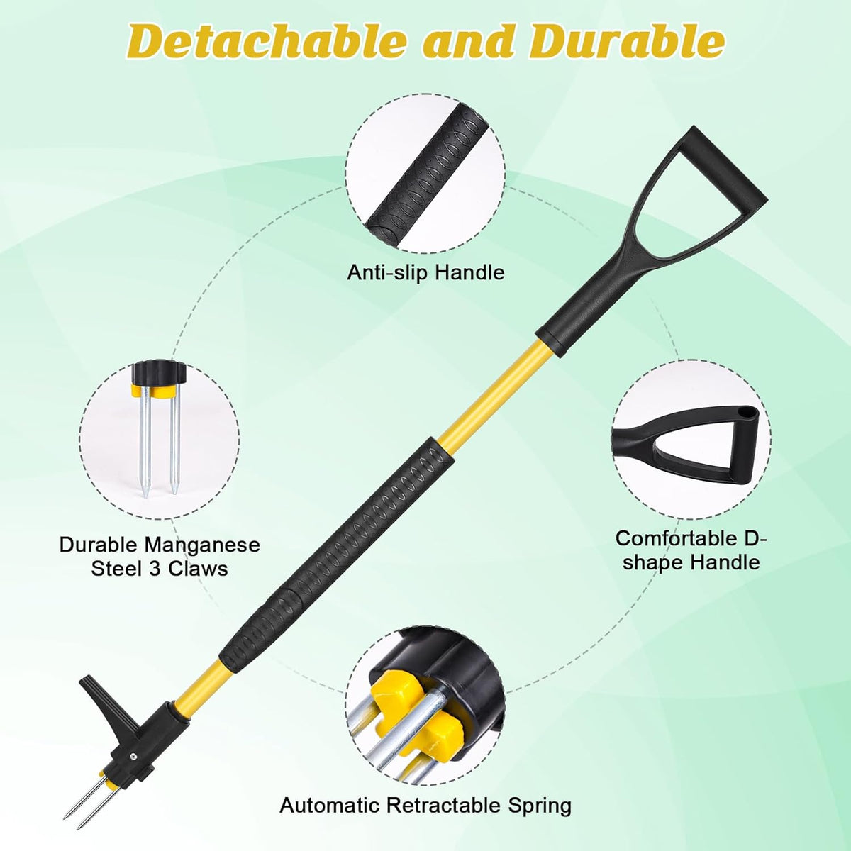39" Stand Up Weed Puller Tool - Heavy Duty Detachable 3-Claw Weeder with Ergonomic Long D-Handle |