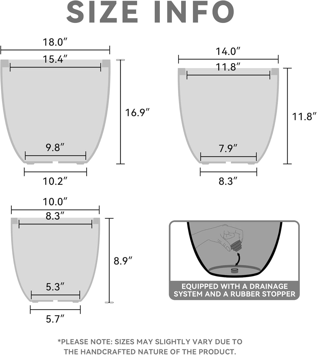 Kante 18",14",10" Dia Concrete Round Planters (Set of 3), Outdoor Indoor Large Planter Pots with