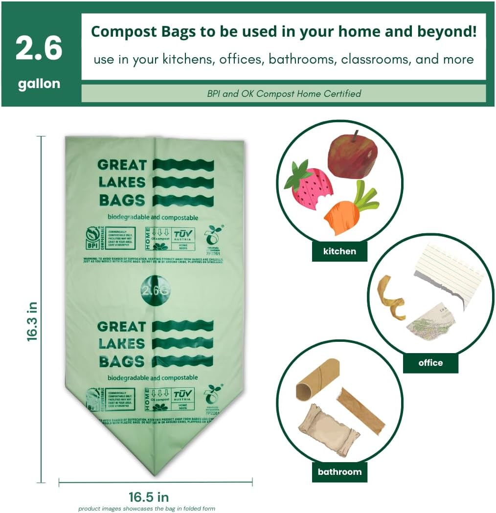 Great Lakes 2.6 Gallon Compostable and Biodegradable Trash Bag, 100 Count, Small Compostable Bag