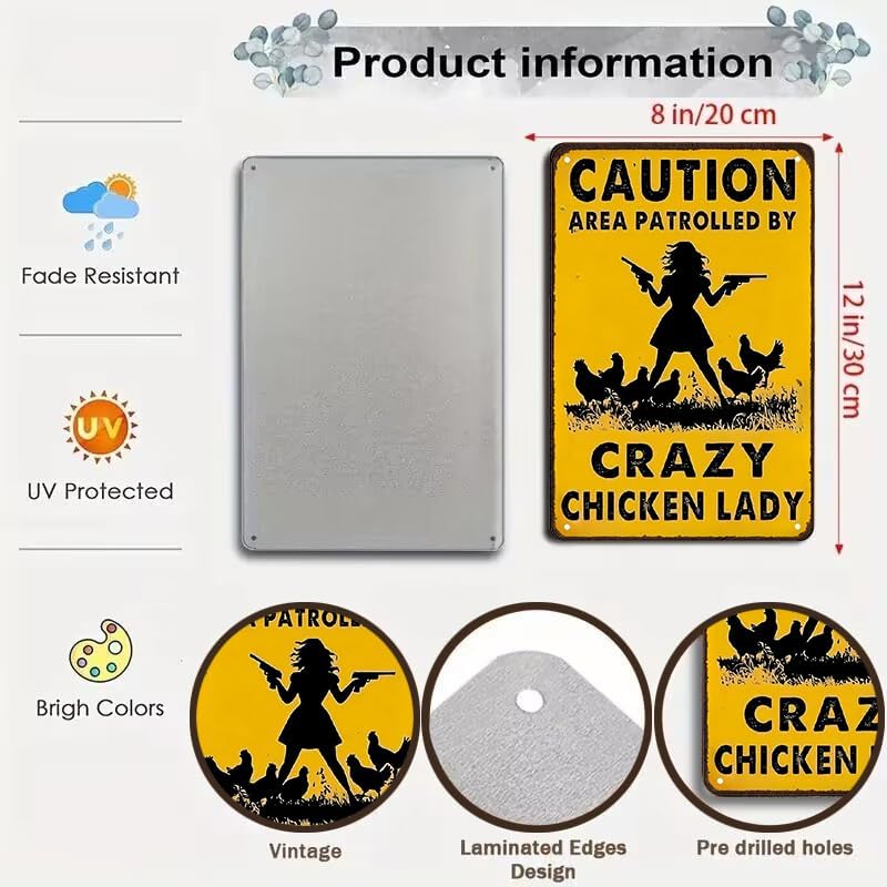 Funny Chicken Gifts Caution Area Patrolled By A Crazy Chicken Lady Tin Sign for Home Farm Chicken