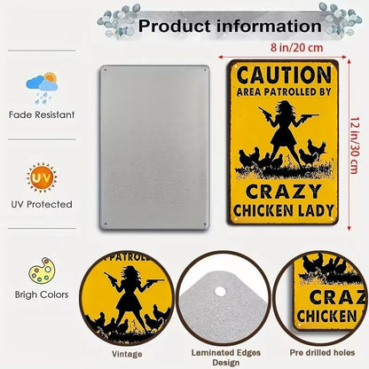 Funny Chicken Gifts Caution Area Patrolled By A Crazy Chicken Lady Tin Sign for Home Farm Chicken