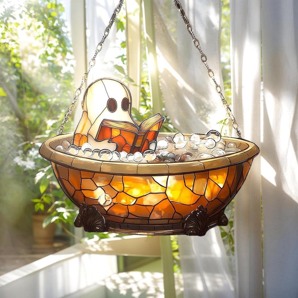 Cute Ghost Book Acrylic Suncatcher Stained Glass Effect Window Car Hanging Christmas Ornament