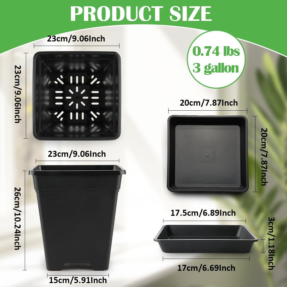 BTPLASTIK 9 Inch Square Planters for Indoor Plants, 8 Pack Large Plastic Plant Pot with Drainage &