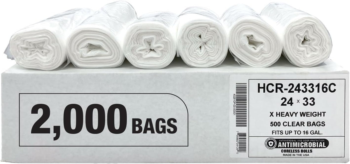 Aluf Plastics High Density Trash Bags, 12-16 Gallon, 2000 Count, 16 Micron (eq), 24" x 33", Clear