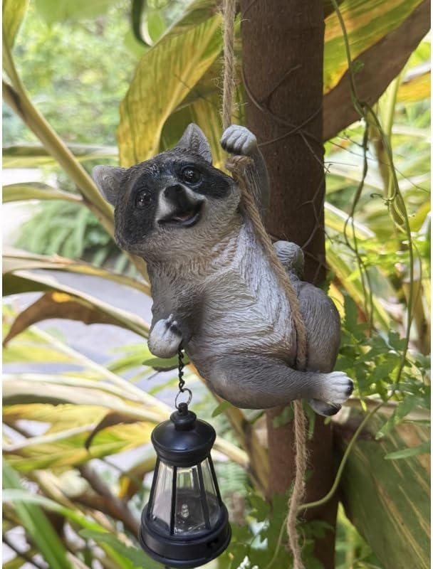 Raccoon Garden Decor Outdoor Statues Resin Climbing Twine with LED Light Waterproof Hanging Animal