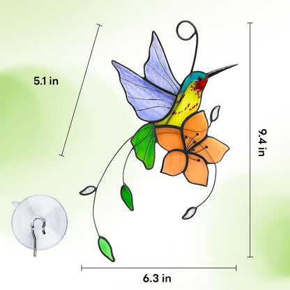 Handmade Stained Glass Hummingbird Suncatcher, Lavender-Purple Bird with Peach-Fuzz Flower Window
