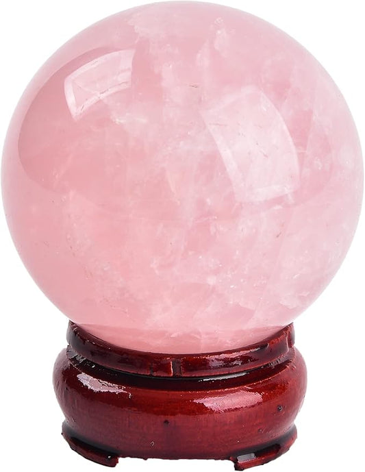 JIC Gem 2.5 Inch Natural Pink Rose Quartz Magic Crystal Healing Ball Ornament Sphere with Wood