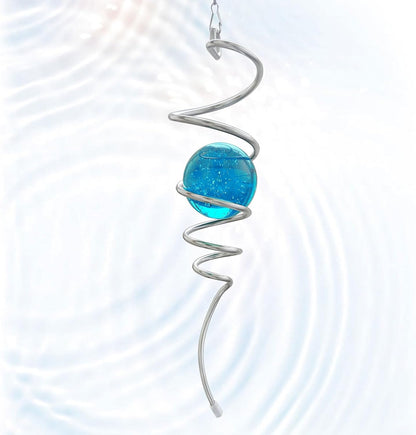 Gazing Ball Wind Spinner Spiral Tail with Blue Glass Orb | Creates Captivating Visual Illusion in