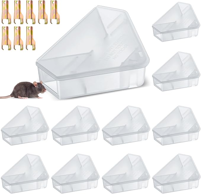 Qualirey 12 Pcs Mice Station with Key Triangle Bait Station Reusable Rodent Trap Bait Box, Keeps