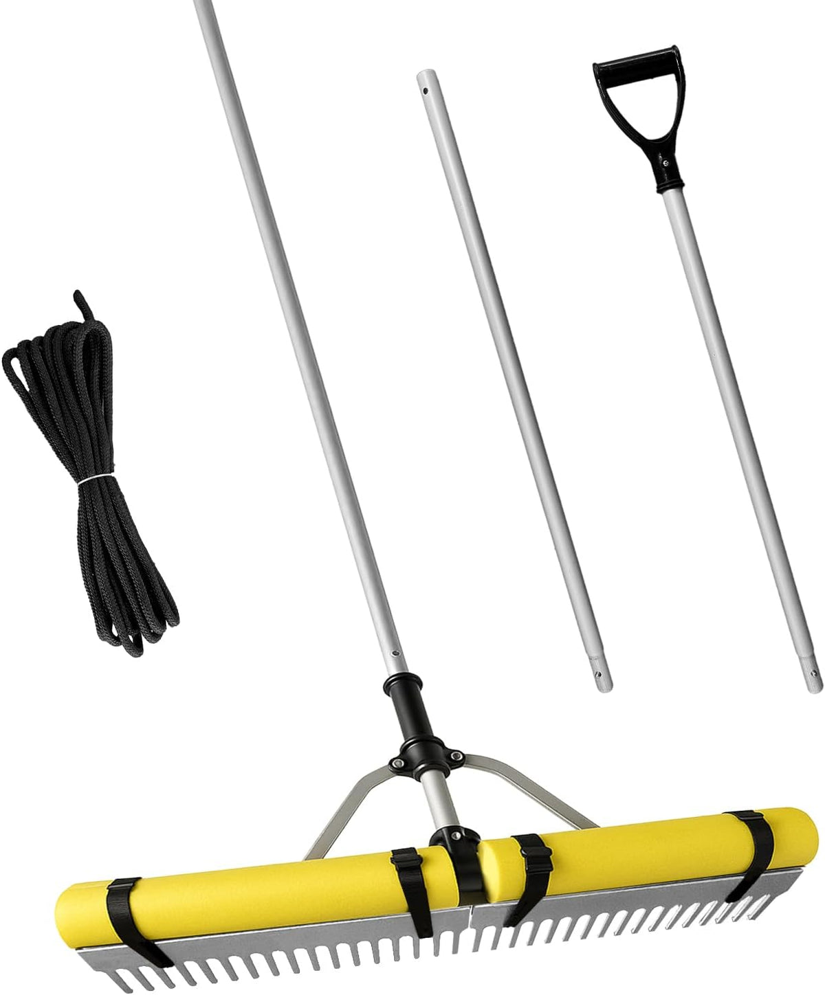 Floating Lake Rake, 36" Head Aluminum Landscape Rake with 103" Adjustable Handle, 20FT Rope &