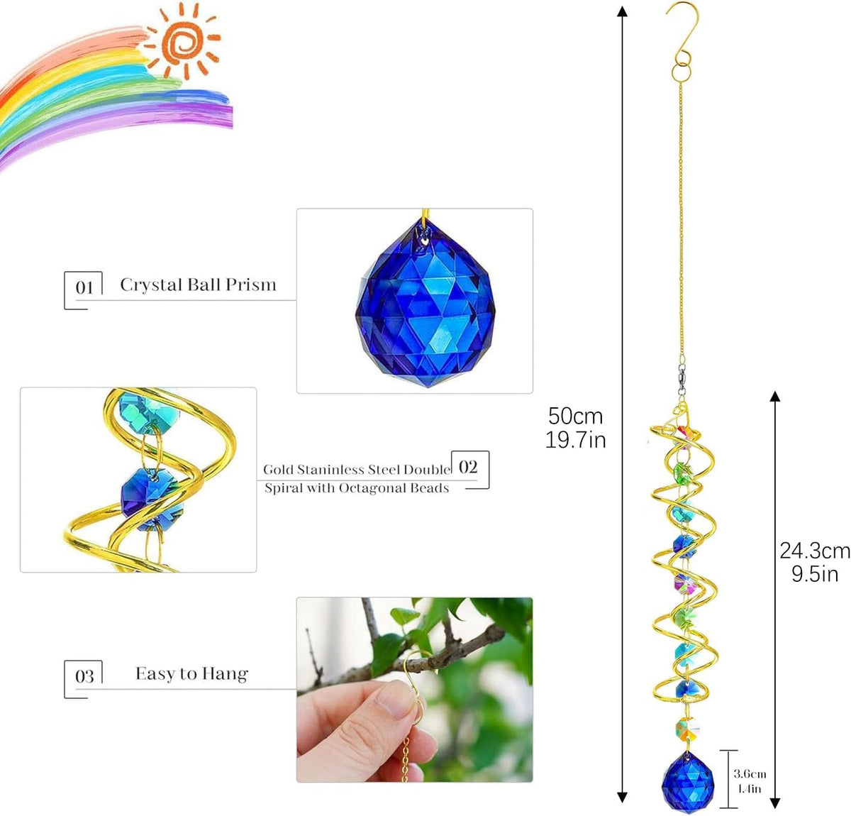 H&D HYALINE & DORA Gazing Ball Spiral Tail Crystal Suncatcher, Rainbow Maker Crystal Beads Decor