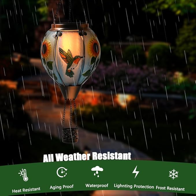 Hot Air Balloon Solar Lantern - Hummingbird Glass Lantern, Simulated Flickering & Dancing Flame