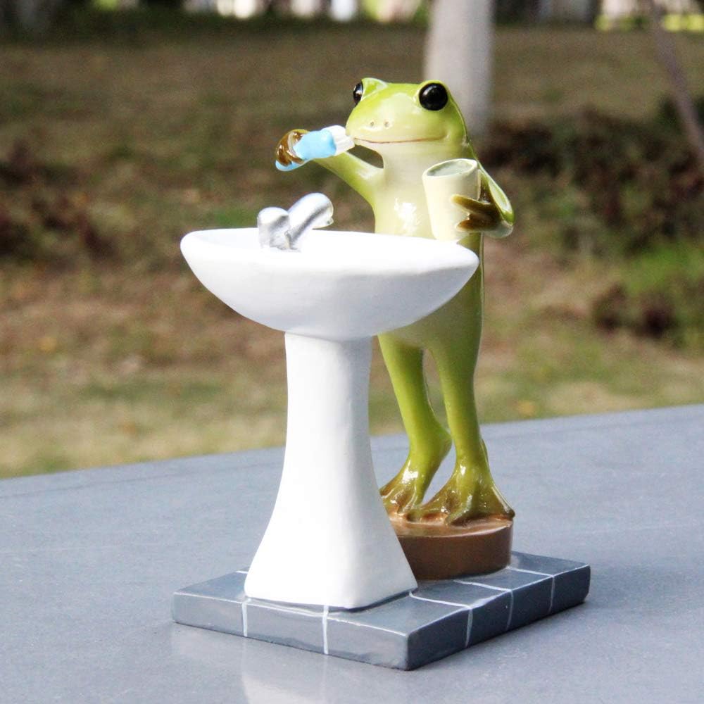 Tfro & Cile Frog Garden Statue Decor Miniature Animal Figurine Outdoor Fairy Brushing Teeth