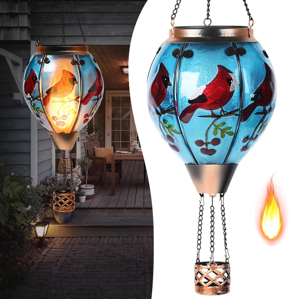 Hot Air Balloon Solar Lantern - Cardinal Bird Glass Lantern, Simulated Flickering & Dancing Flame