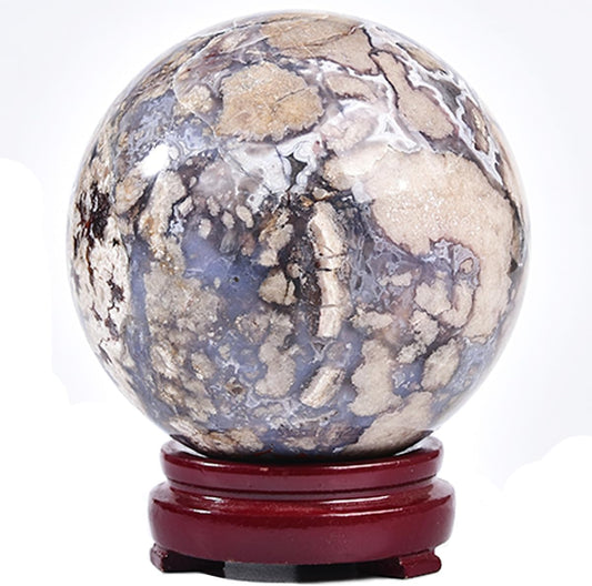 JIC Gem Large Blue Cherry Blossom Agate Crystal Ball with Stand Crystal Sphere Natural Sakura