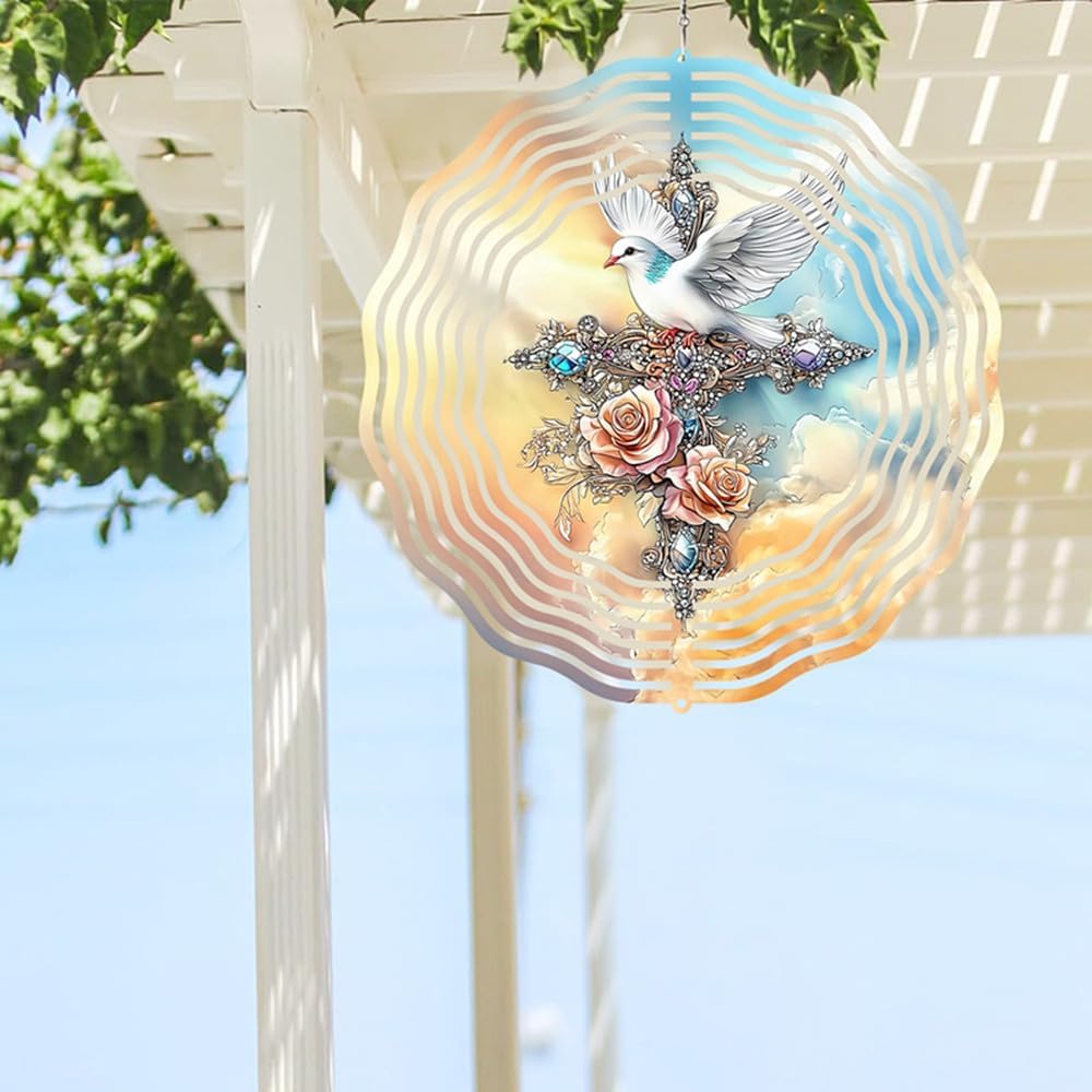 Cross Dove Wind Spinner, Metal Wind Spinners Outdoor/Indoor, Cross Hanging Garden Decor for